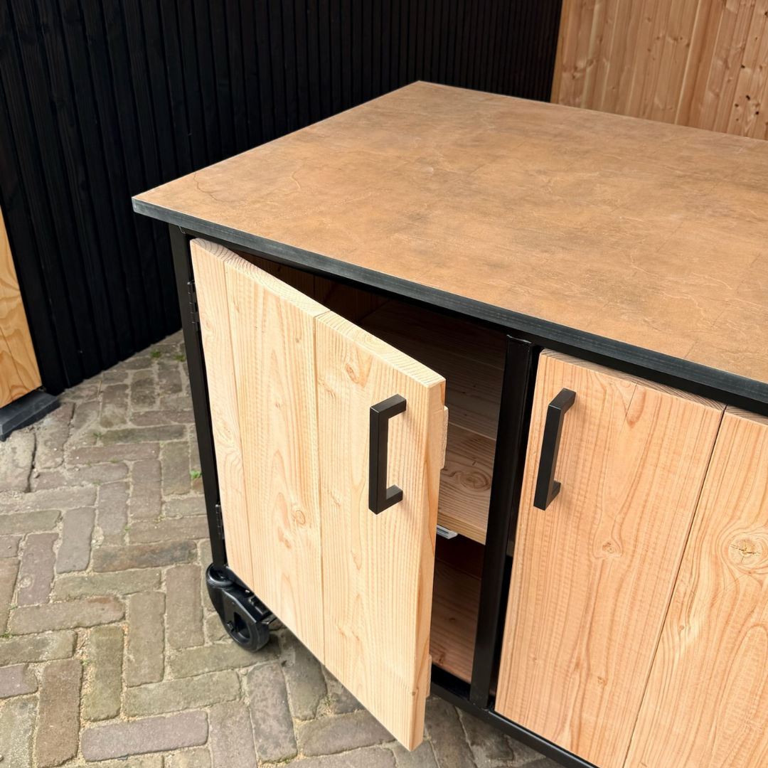 Buitenkeuken Douglas en staal met opbergkast en Koper HPL werkblad - Lengte 180 cm - Afbeelding 3